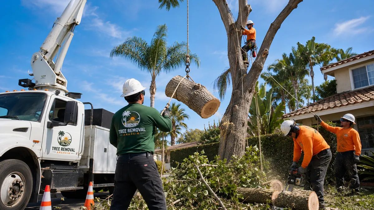 Tree section being lifted by crane beside a Southern California home
