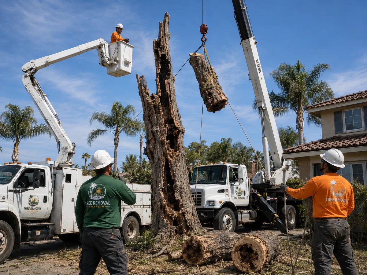 Crane-assisted removal of a dead tree trunk beside a home