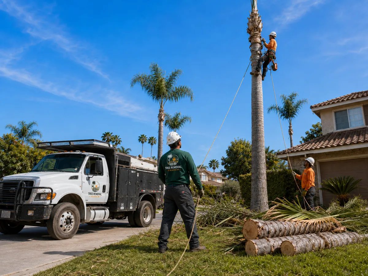 Tree crew removing a tall palm beside a residential property