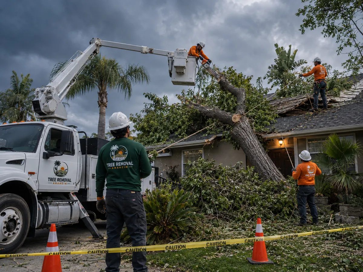 Crew working on a leaning storm-damaged tree near a house