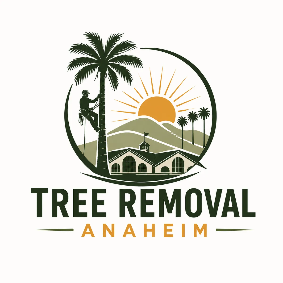 Company logo with arborist, palms and Anaheim landscape